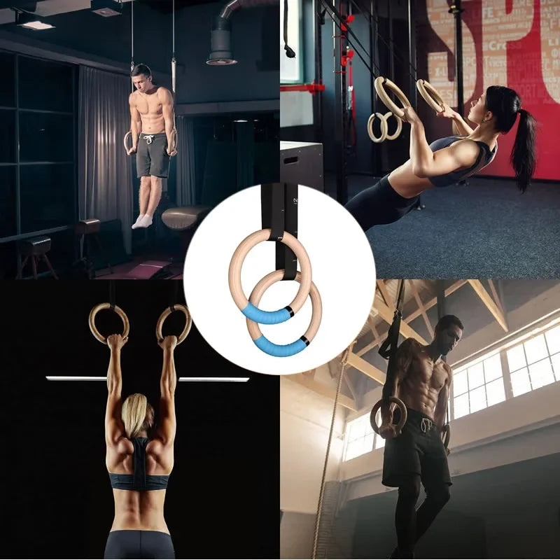 Wood Gymnastics Rings with Adjustable Straps GYM Ring for Kids Adult Home Fitness Pull up Strength Training