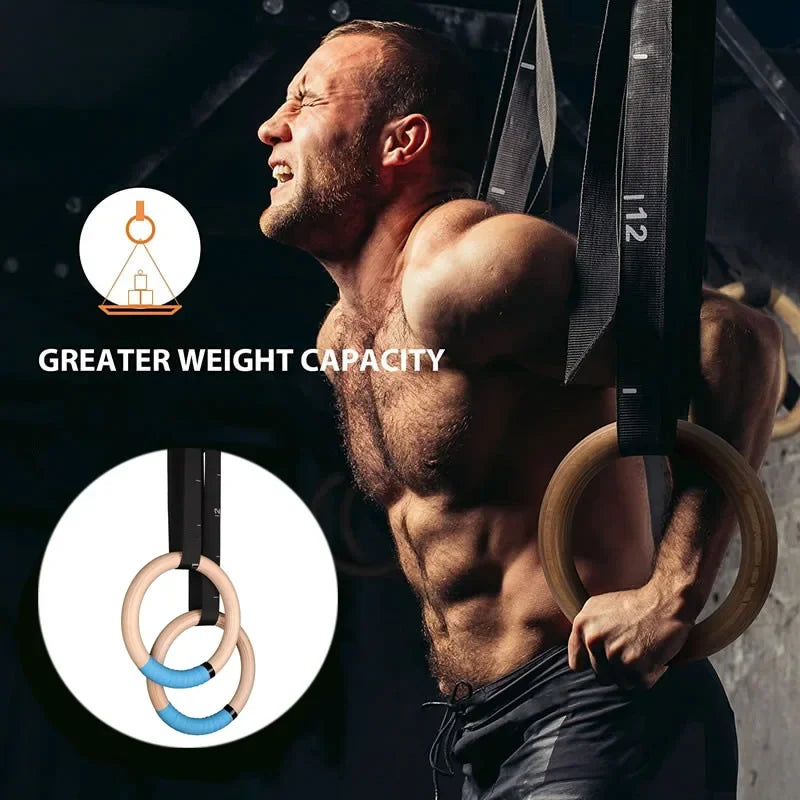 Wood Gymnastics Rings with Adjustable Straps GYM Ring for Kids Adult Home Fitness Pull up Strength Training